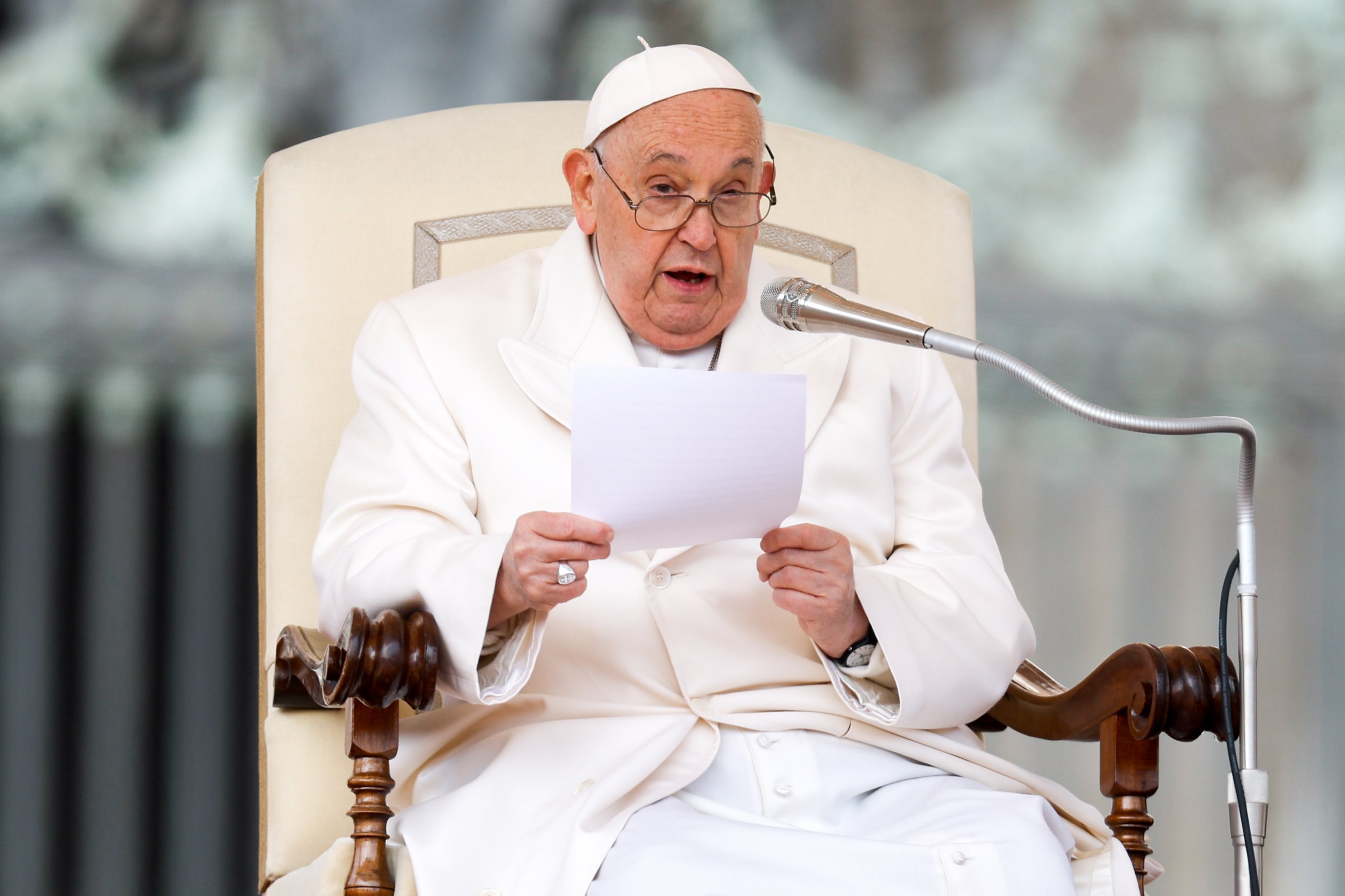 Pope Francis speaks during his general audience.